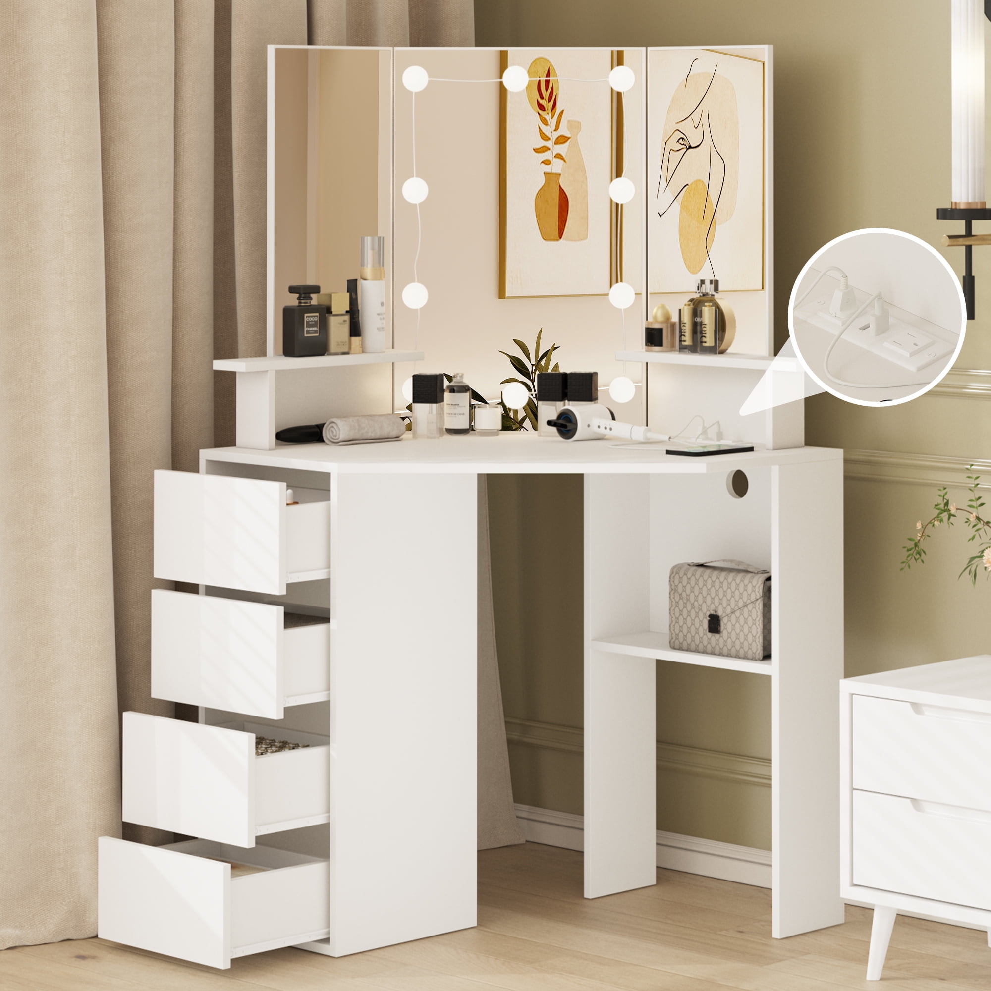 VEANERWOOD Corner Vanity Desk with Lighted Mirror & Charging Station Makeup Vanity Table with 4 Drawer, White