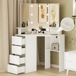 RichYa Corner Vanity Table with Adjustable Brightness Rotating Drawers Storage Shelves Rustic Brown Walmart
