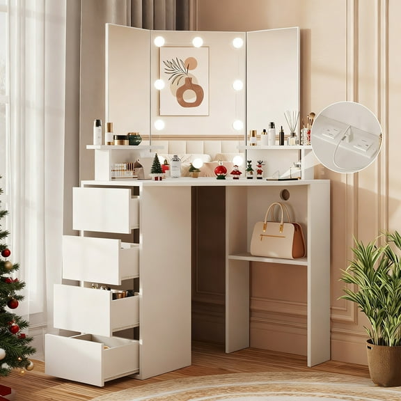 Veanerwood White Corner Vanity Desk with Mirror and Light,Makeup Table with 4 Drawers and Charging Station for Bedroom