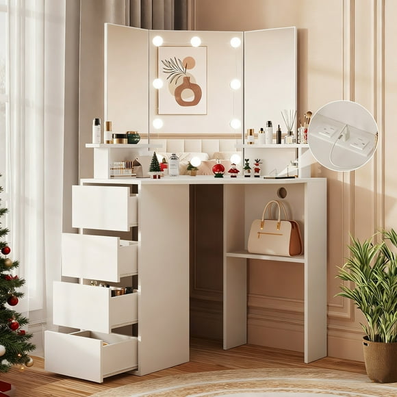 Veanerwood White Corner Vanity Desk with Mirror and Light,Makeup Table with 4 Drawers and Charging Station for Bedroom