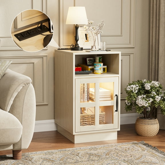 VEANERWOOD End Tables for Living Room with Charging Station & LED Light, Nightstand for Bedroom with Glass Door and Adjustable Shelf, Beige