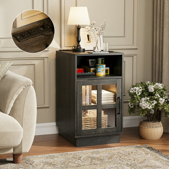 VEANERWOOD End Tables for Living Room with Charging Station & LED Light, Nightstand for Bedroom with Glass Door and Adjustable Shelf, Black