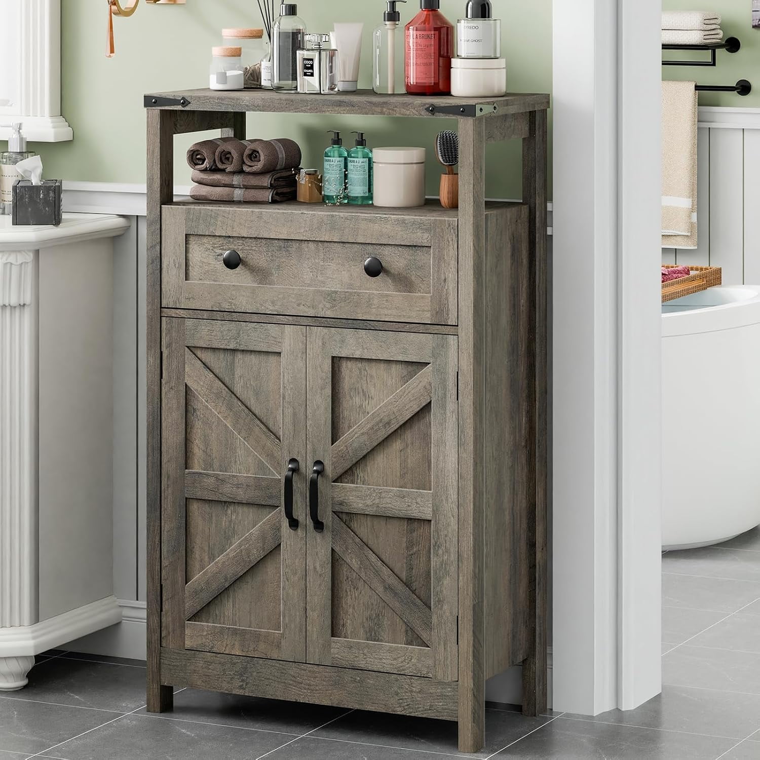 VEANERWOOD Farmhouse Bathroom Cabinet with Drawer & adjustable shelf, Floor Storage Cabinet for ...
