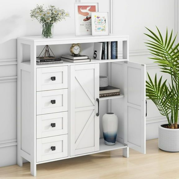 VEANERWOOD Farmhouse Bathroom Storage Cabinet with 4 Drawers and Adjustable Shelves, Sideboard Buffet for Kitchen, Living Room, Bathroom