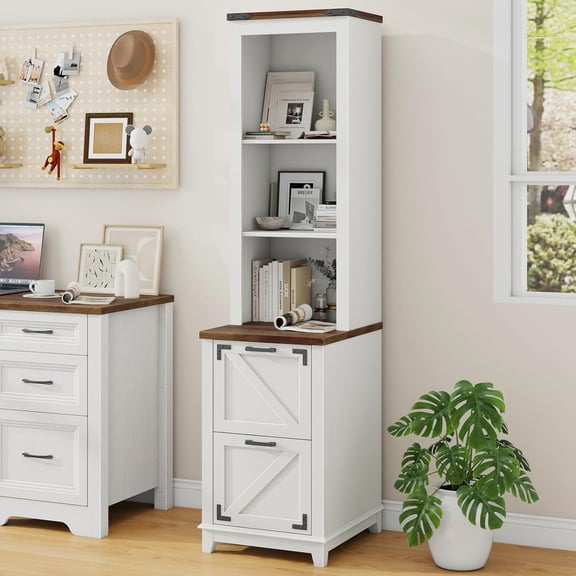 VEANERWOOD Farmhouse Bookcase with 2 Dawers, 69" Tall Bookshelf with 3-Tier Open Shelves, Wood Display Book Shelf Organizer with For Home Office