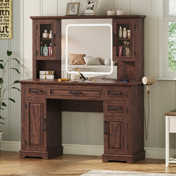 VEANERWOOD Farmhouse Makeup Vanity Table with Mirror and Led Lights, 45"W Vanity Desk with Glass Door & Large Drawer and Storage Cabinet, Adjustable Shelves