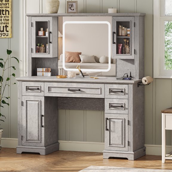 VEANERWOOD Farmhouse Makeup Vanity Table with Mirror and Led Lights, 45"W Vanity Desk with Glass Door & Large Drawer and Storage Cabinet, Adjustable Shelves