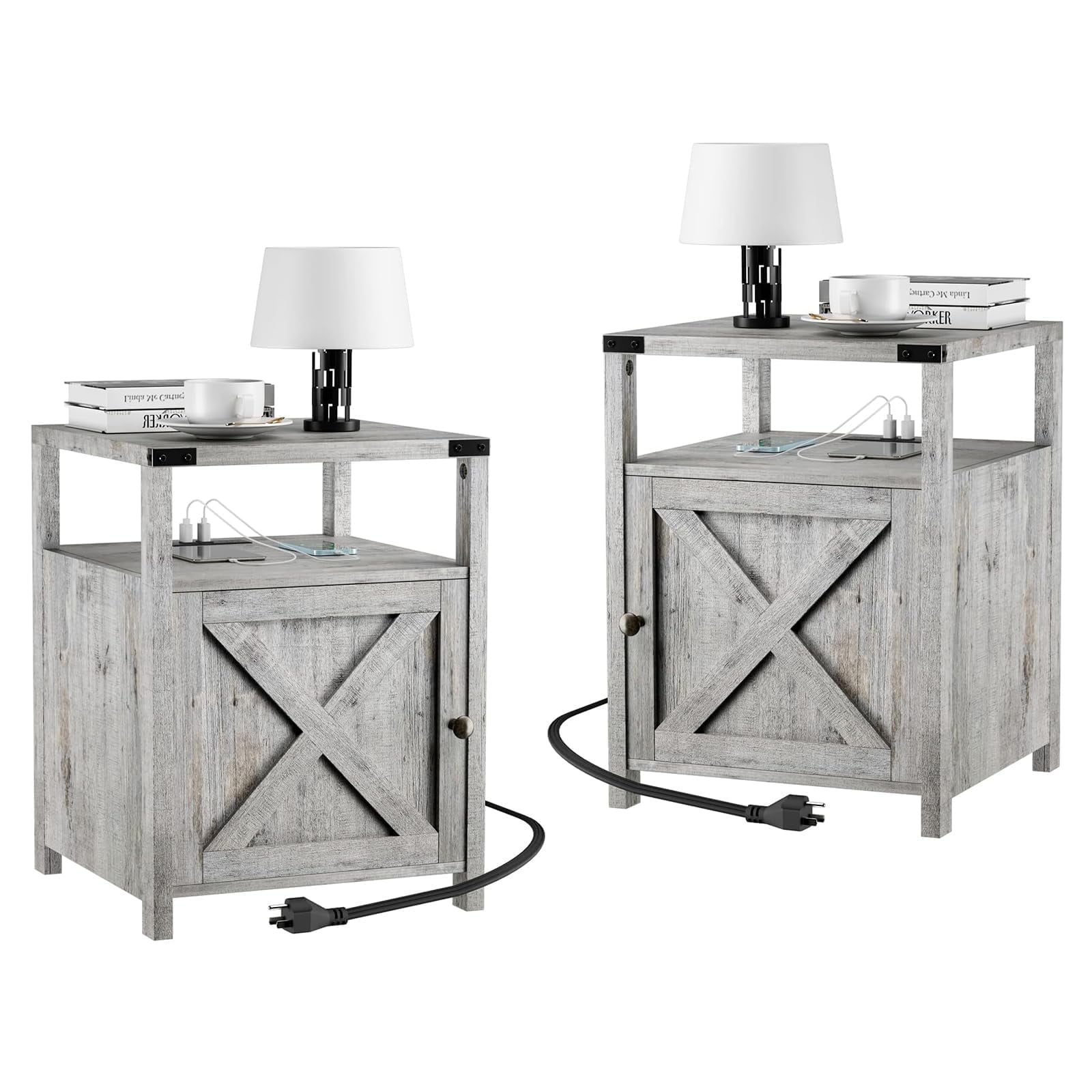 VEANERWOOD Farmhouse Nightstand with Charging Station,Living Room Side Table,Grayish White