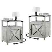 VEANERWOOD Farmhouse Nightstand with Charging Station,Living Room Side Table,Grayish White