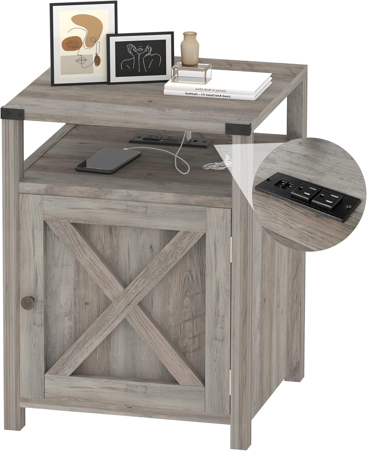 VEANERWOOD Farmhouse Nightstand with Charging Station, Rustic End Table Bedroom with Storage,Rustic Grey