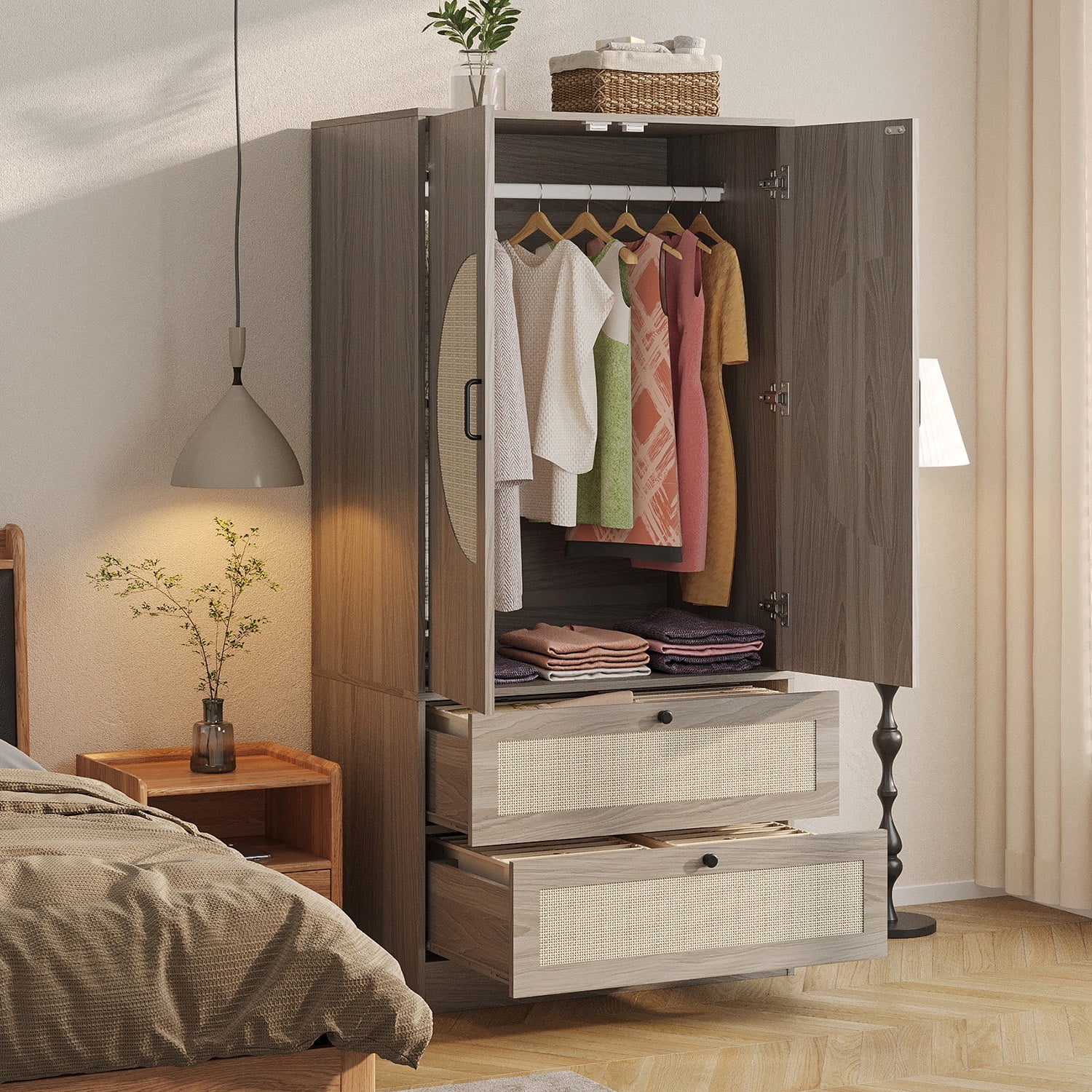 VEANERWOOD Farmhouse Rattan Armoire Wardrobe Closet with 2 Doors, 65 ...