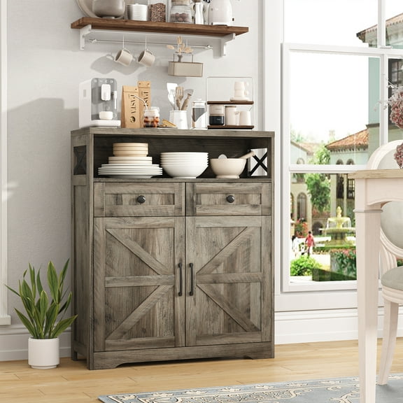 VEANERWOOD Farmhouse Storage Cabinet with Charge Station & Open Shelf,Coffee Bar Station Table with Adjustable Shelves and Barn Doors for Kitchen Dining Room,Rustic Grey