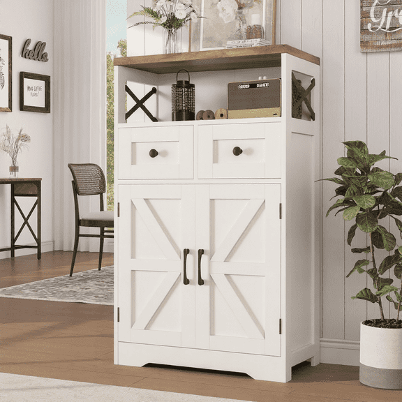 Farmhouse Storage Cabinet with Doors and Drawers, Freestanding Kitchen Pantry Cabinet Sideboard, White