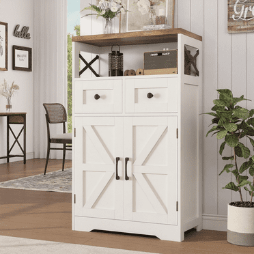Farmhouse Storage Cabinet with Doors and Drawers, Freestanding Kitchen Pantry Cabinet Sideboard, White