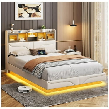 VEANERWOOD Floating Bed Frame Full Size Wood Platform Bed with LED Lights for Bedroom, Upholstered Bed Frame with Storage Bookcase Headboard, Charging Station, Sliding Door, No Box Spring