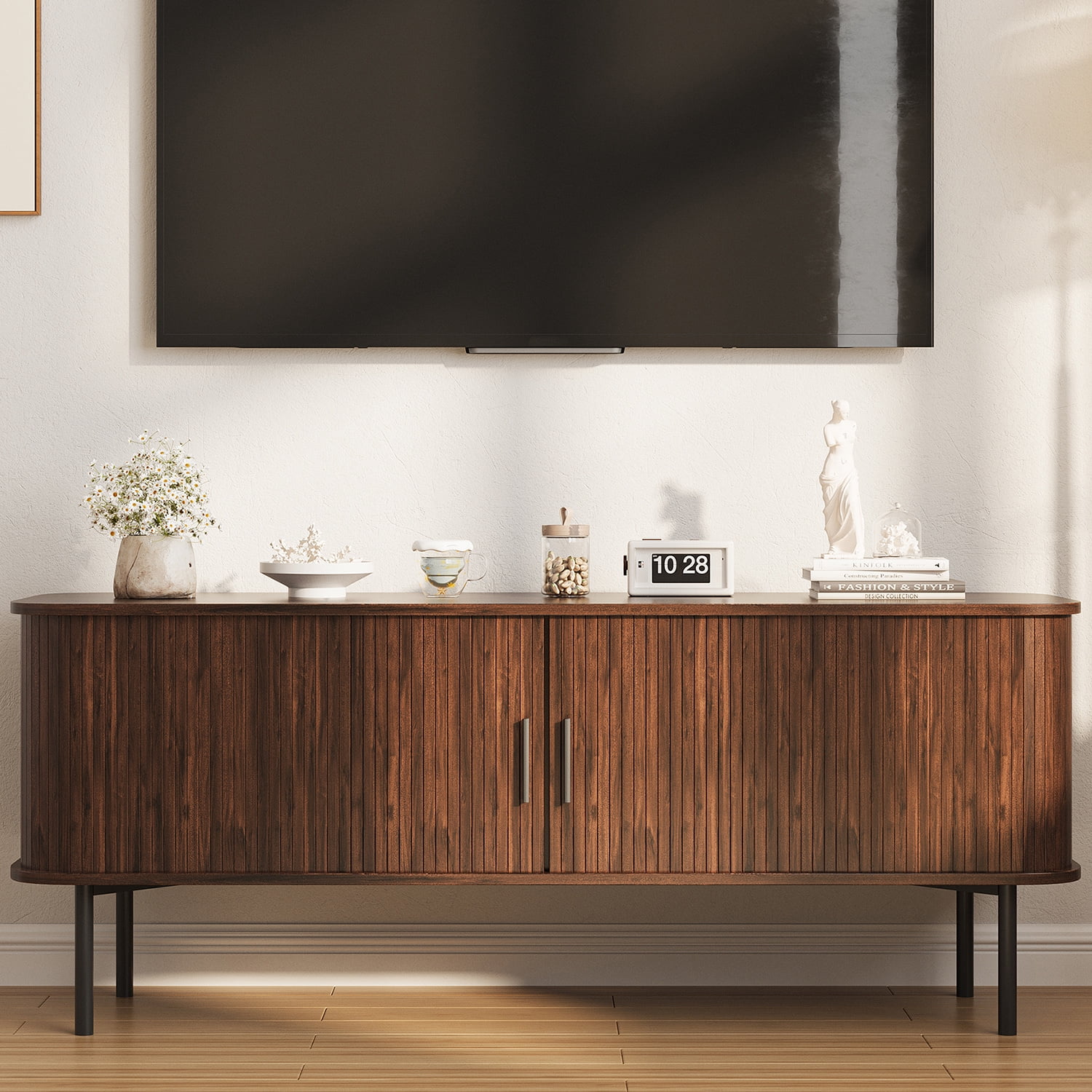 VEANERWOOD Fluted 55" TV Stand for TVs Up To 65", Console Table Credenza with Tambour Slatted Sliding Doors and Storage Shelves, Wood Entertainment Cente