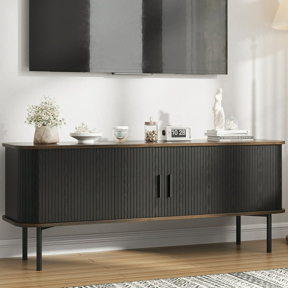 VEANERWOOD Fluted 55" TV Stand for TVs Up To 65", Console Table Credenza with Tambour Slatted Sliding Doors and Storage Shelves, Wood Entertainment Cente