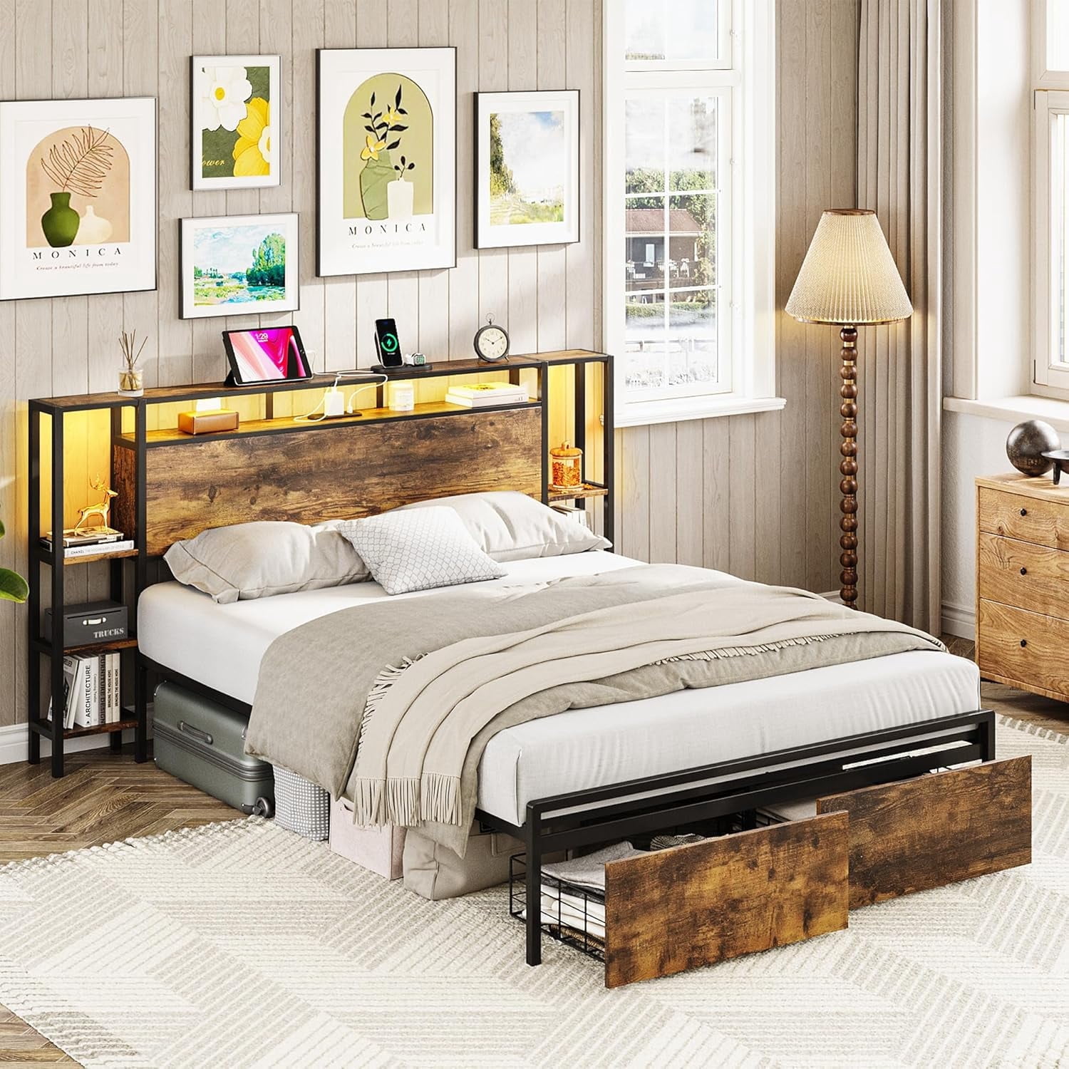 VEANERWOOD Full Size Bed Frame with 3-Tier Storage Shelves, 2 Drawers ...
