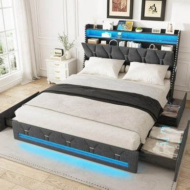 VEANERWOOD Full Size Bed Frame with Headboard, Upholstered Platform Bed Frame with 4 Storage Drawers, USB Charging Station & LED Lights, No Box Spring