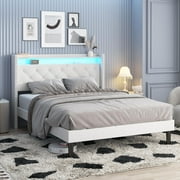 VEANERWOOD Full Size Bed Frame with LED Headboard, Velvet Upholstered Platform Bed Frame with Lights and Charging Station, Wingback Storage Headboard and Type C & USB Ports, Wood Slats, Gray