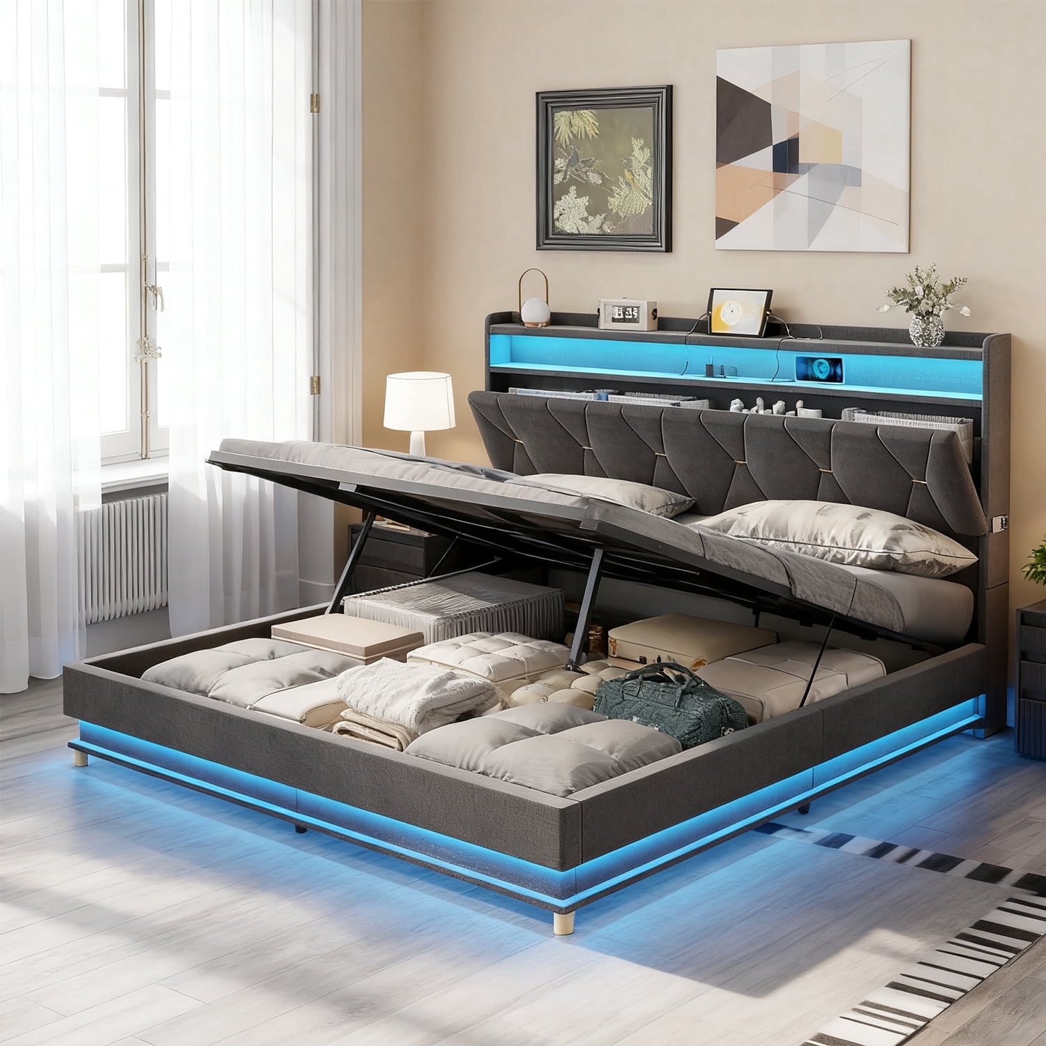 VEANERWOOD King Size Lift Up Bed Frame with Storage Headboard ...