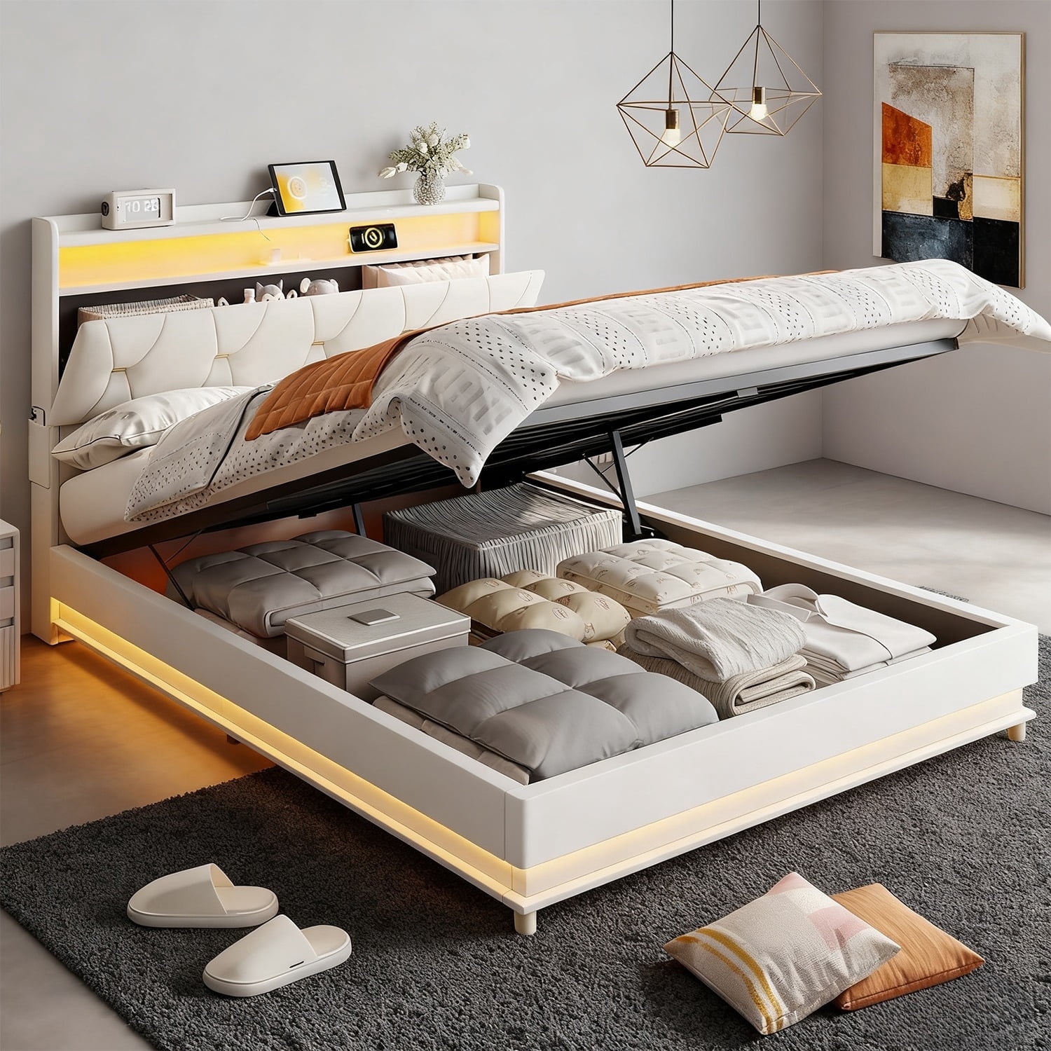 VEANERWOOD Queen Size Lift Up Bed Frame with Storage Headboard ...