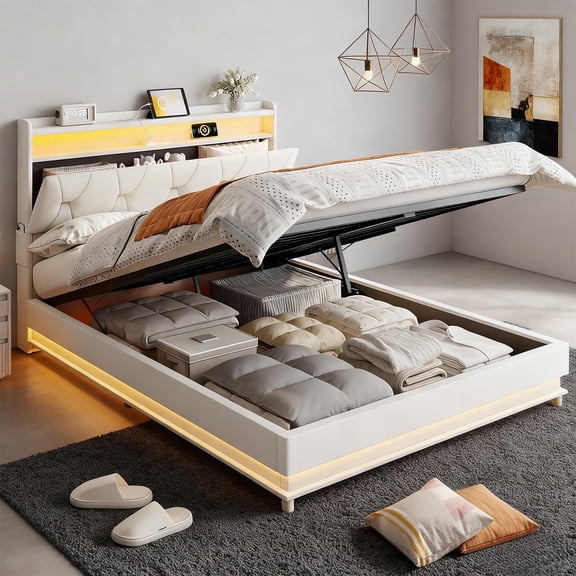 VEANERWOOD Queen Size Lift Up Bed Frame with Storage Headboard, Upholstered Platform Bed with Charging Station, LED Lights, No Box Spring Needed