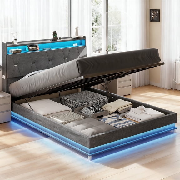 VEANERWOOD Full Size Lift Up Bed Frame with Storage Headboard, Upholstered Platform Bed with Charging Station, LED Lights, No Box Spring Needed