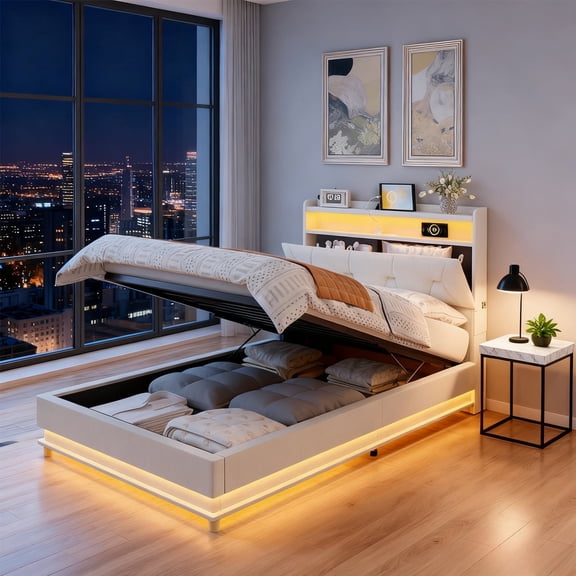 VEANERWOOD Twin Size Lift Up Bed Frame with Storage Headboard, Upholstered Platform Bed with Charging Station, LED Lights, No Box Spring Needed