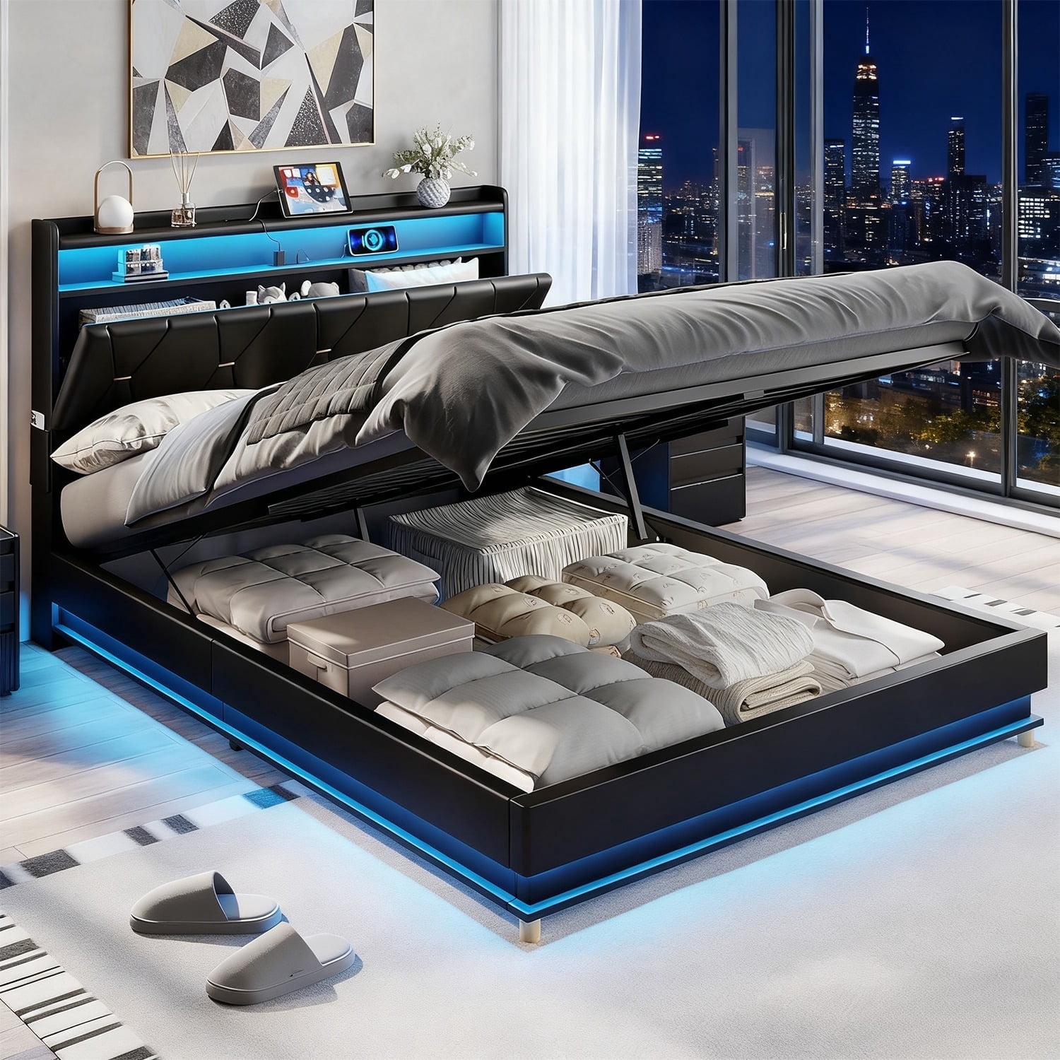 VEANERWOOD Full Size Lift Up Bed Frame with Storage Headboard ...