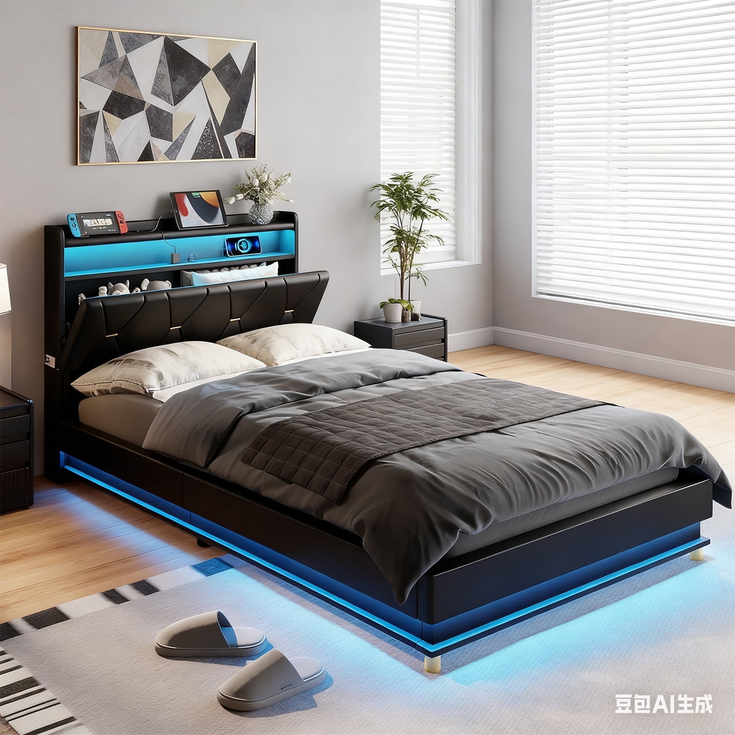 VEANERWOOD Twin Size Lift Up Bed Frame with Storage Headboard, Upholstered Platform Bed with Charging Station, LED Lights, No Box Spring Needed
