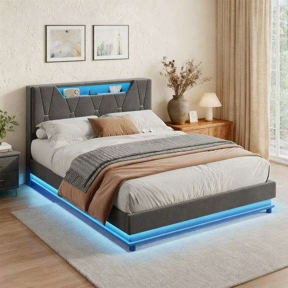 VEANERWOOD Full Size Lift Up Bed Frame with Upholstered Headboard, Linen Bed Frame with LED Lights, Charging Station & Storage, No Box Spring Needed