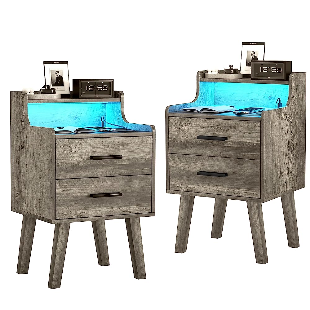 VEANERWOOD Gray Nightstand with Charging Station, Night Stand Set 2