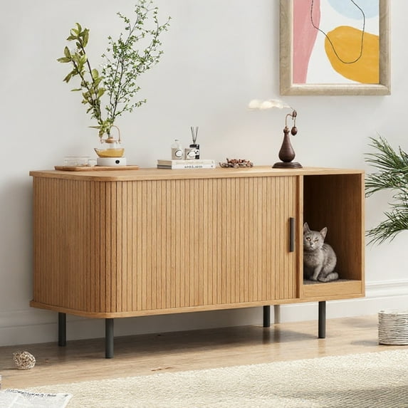 VEANERWOOD Hidden Cat Litter Box Enclosure Furniture with Cat Scratch Pad and Tambour Sliding Door, Multi-Functional Side End Table Cat House for Living Room, Natural