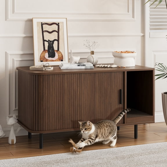 VEANERWOOD Hidden Cat Litter Box Enclosure Furniture with Cat Scratch Pad and Tambour Sliding Door, Multi-Functional Side End Table Cat House for Living Room, Natural