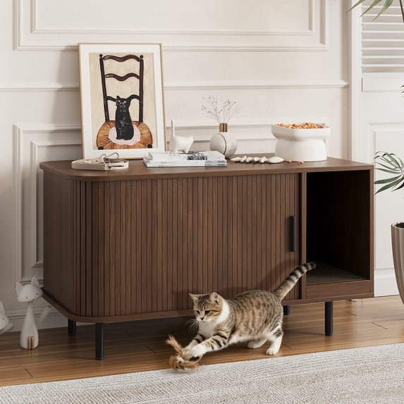 VEANERWOOD Hidden Cat Litter Box Enclosure Furniture with Cat Scratch Pad and Tambour Sliding Door, Multi-Functional Side End Table Cat House for Living Room, Natural