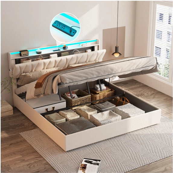 VEANERWOOD King Size Lift Up Storage Bed Frame with LED Lights & Height Adjustable Storage Headboard,Upholstered Platform Bed, Beige
