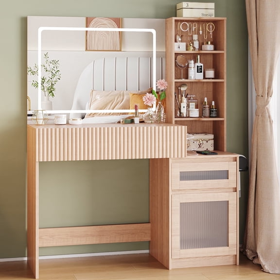 Vanity Desk with Mirror and Lights, Makeup Table with USB Charging Station, 2 Drawers and Storage Shelves, Brown