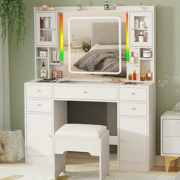 VEANERWOOD Large Makeup Vanity Set with Mirror & RGB LED Lights, Glass Top Dressing Table with USB Charging Station & Stool, Drawers and Storage Cabinets, White/Black