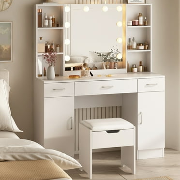 VEANERWOOD Large Makeup Vanity Set with Light Modern Makeup Vanity Table with Storage and Adjustable Lighting Colors for Bedroom 45.2in, White