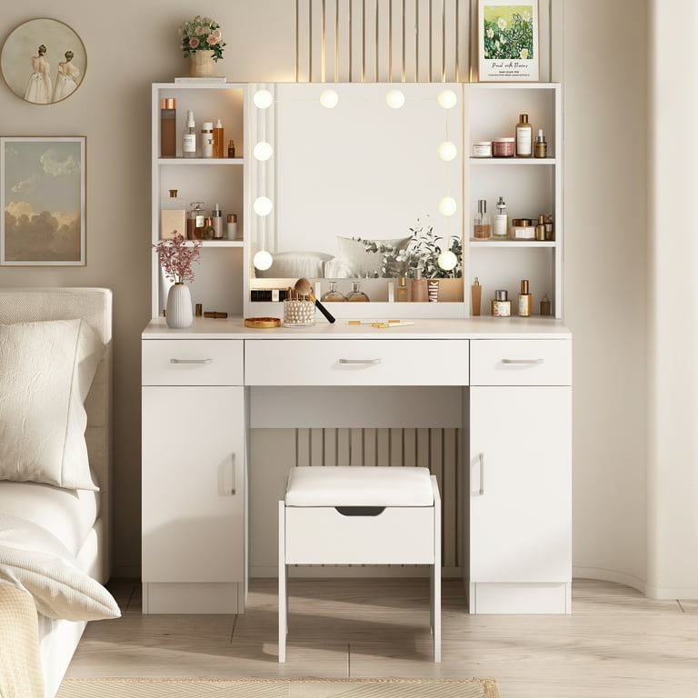 VEANERWOOD Large Makeup Vanity Set with Mirror Wood Desk Drawers Adjustable Lighting Storage 45.2in White Walmart