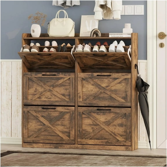 VEANERWOOD Large Shoe Storage Cabinet with 6 Flip Drawers,Shoe Organizer for Entryway,Brown