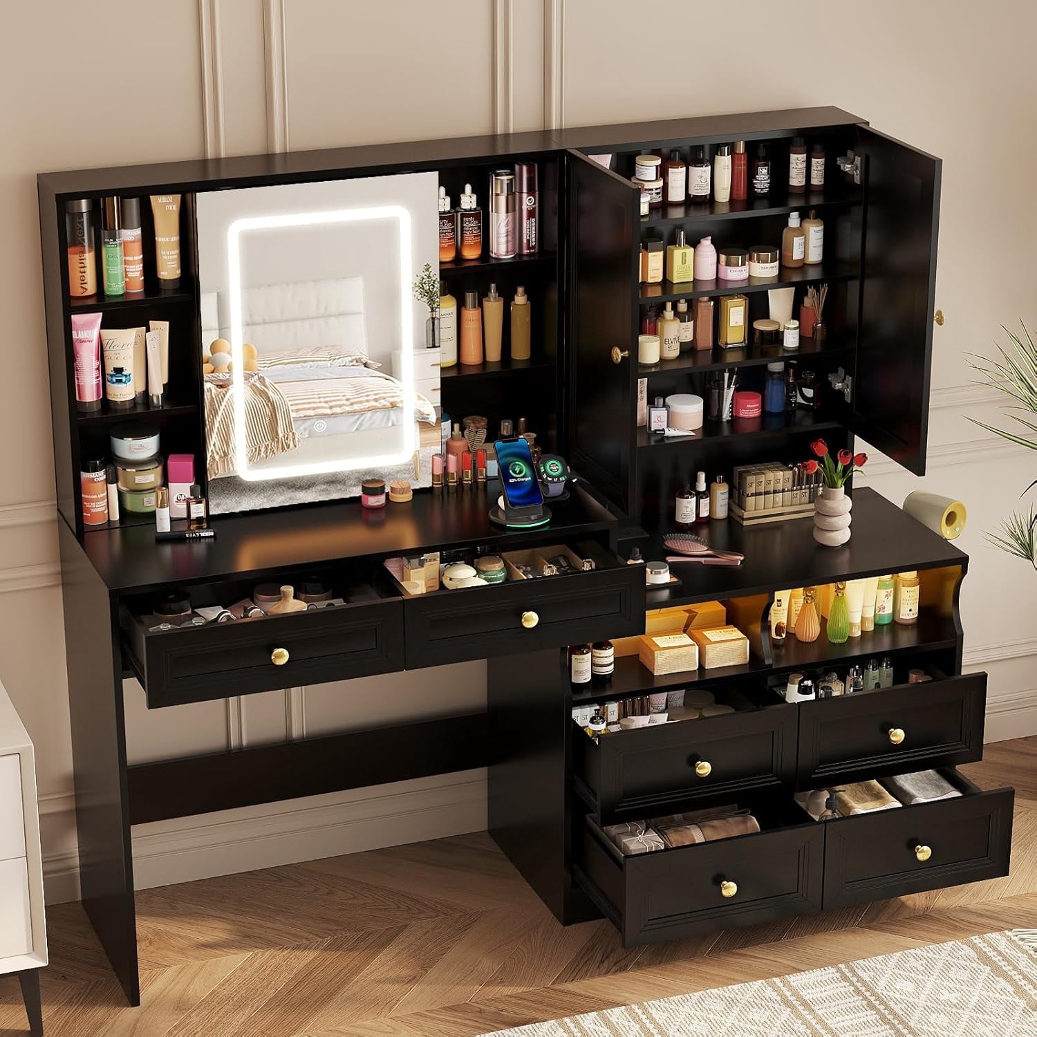 Large Vanity Desk with Sliding Mirror and Lights, Makeup Table with 6 Drawers and 15 Shelves,Vanity with Charging Station & Light Strip