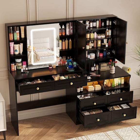 Large Vanity Desk with Sliding Mirror and Lights, Makeup Table with 6 Drawers and 15 Shelves,Vanity with Charging Station & Light Strip
