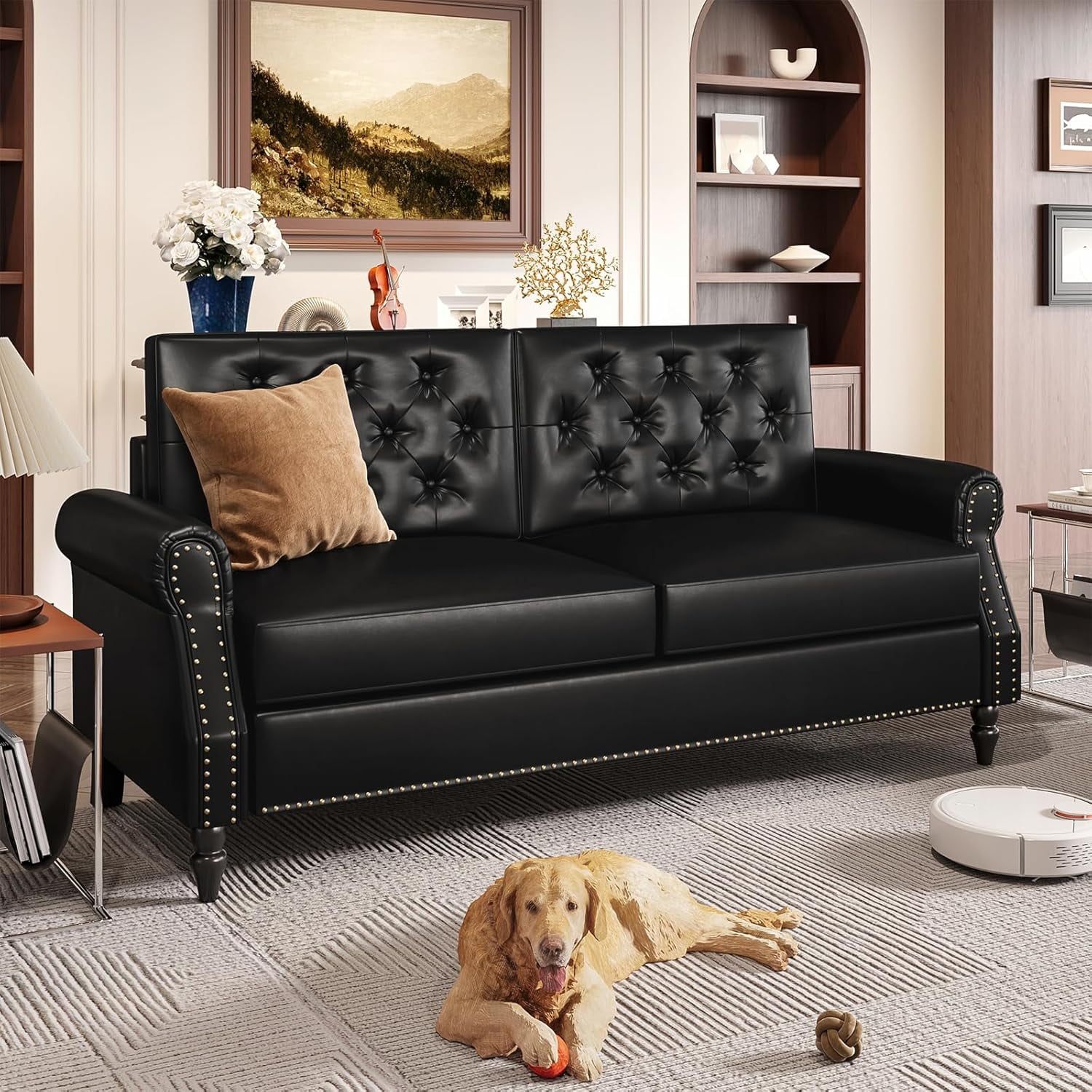 VEANERWOOD Leather Couch Sofa 73” Mid-Century Sectional Sofa 2 Seater Sofa, Traditional Sofa with Curved Arms, Black
