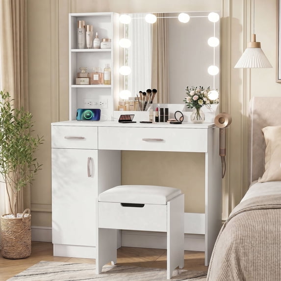 VEANERWOOD Makeup Vanity Desk with Lighted Mirror & Power Strip, Girls Dressing Table with Storage Shelves, White