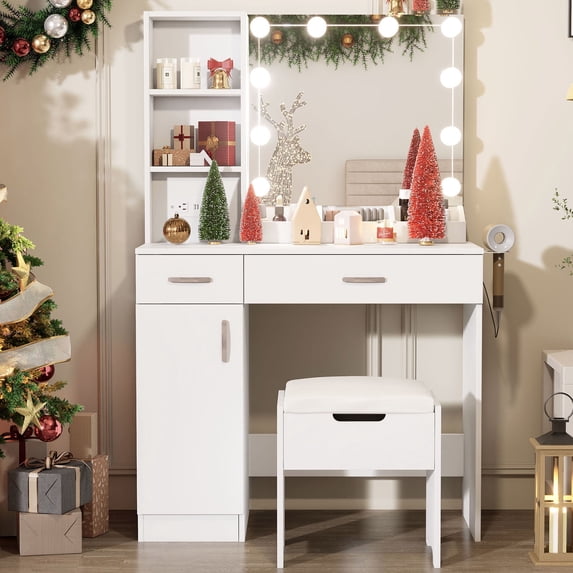 VEANERWOOD Makeup Vanity Desk with Lighted Mirror & Power Strip, Girls Dressing Table with Storage Shelves, White