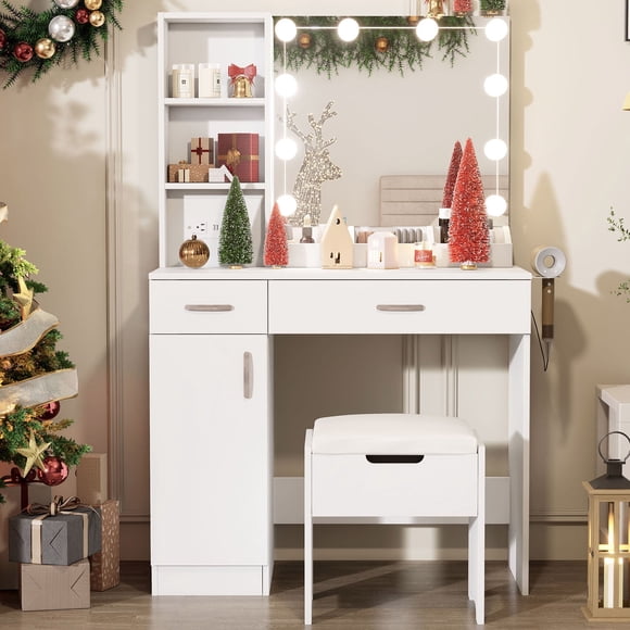 VEANERWOOD Makeup Vanity Desk with Lighted Mirror & Power Strip, Girls Dressing Table with Storage Shelves, White