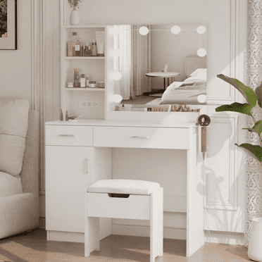 Veanerwood Makeup Vanity Desk with Lighted Mirror & Power Strip, Girls Dressing Table with Storage Shelves, White