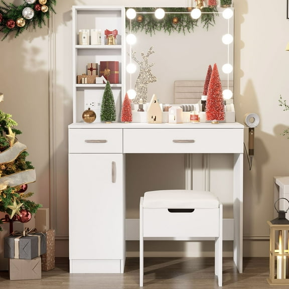 VEANERWOOD Makeup Vanity Desk with Lighted Mirror & Power Strip, Girls Dressing Table with Storage Shelves, White